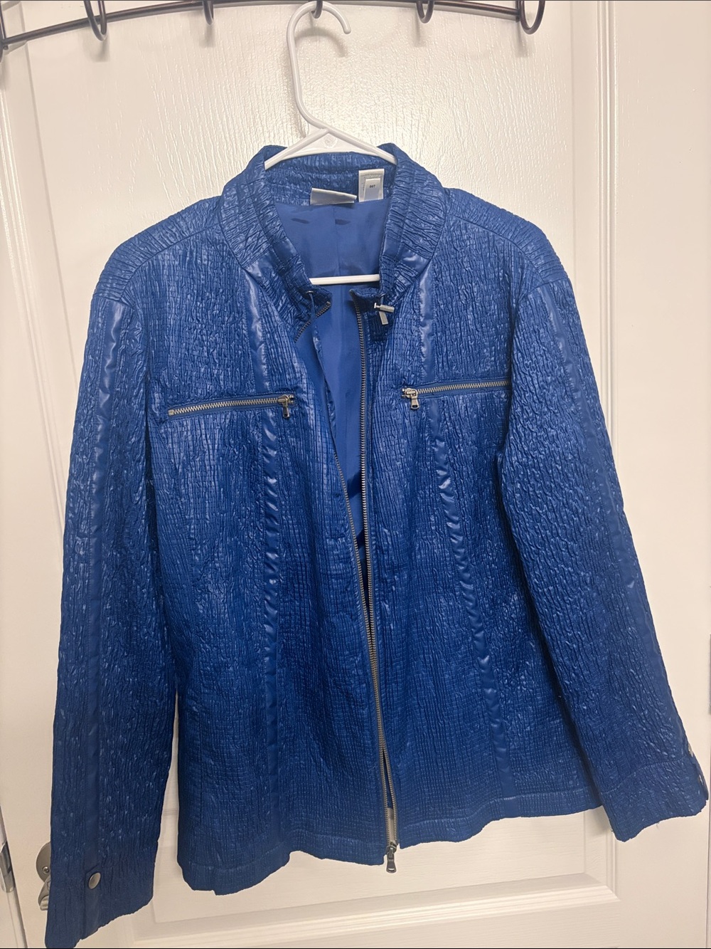 Textured Blue Zip-Front Leather Jacket